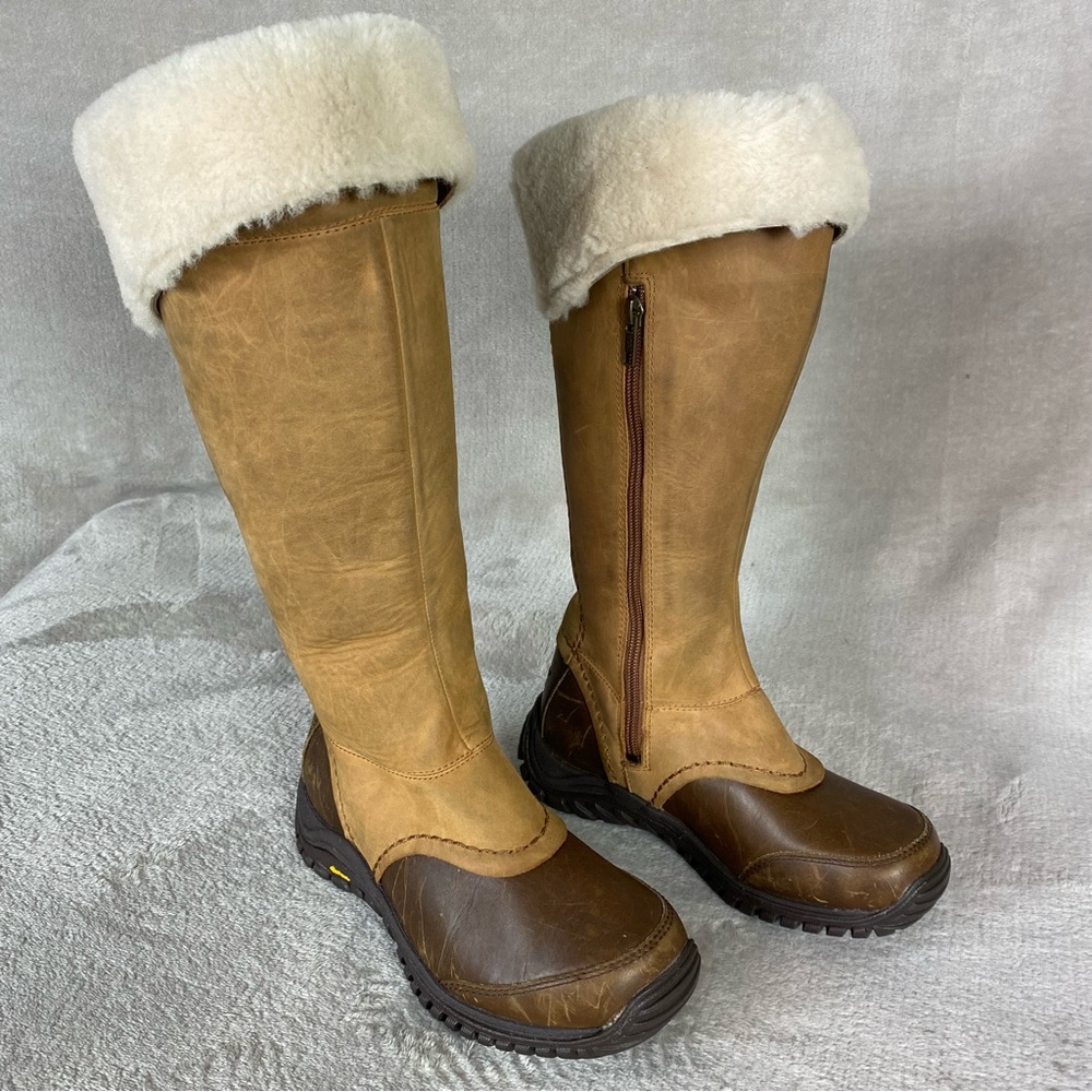 UGG Miko Tall Boots Womens Size 5 Brown Shearling Lined Leather Zip Vibram